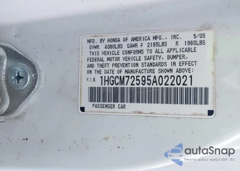 2005 Honda Accord 2.4 Lx Special Edition from USA, damaged, VIN 1HGCM72595A022021